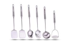 Millvado Stainless Steel Kitchen Utensil Set, Cooking Utensils, Set of 6 Kitchen Tools, Solid Spoon, Slotted Spoon, Solid Turner, Slotted Turner, Soup Ladle, Potato Masher, Dishwasher Safe