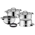 WMF Compact Cuisine 4-Piece Induction Pot Set with Glass Lid, Polished Cromargan Stainless Steel, Uncoated Pot Set, Scale Inside