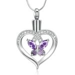 Minicremation Cremation Jewelry Heart Urn Necklace Ashes Jewelry for Women infinitely Cremation Jewelry Birthstone Locket Crystals Ash Loved One Memorial Pendant (Butterfly-Purple)