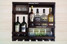 Genuine Decor Sheesham Wood Wall Mounted Wine Rack – Gloss Holder for 8 Bottles & 12 Wine Glasses–Sheesham Wood Bar Cabinet with Glass Storage – 24x4.5x24 Inch Wall Hanging Mini Bar Organizer (Walnut)