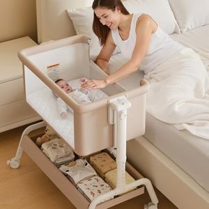 3-in-1 Baby Bassinet, Rocking Bassinet, Bedside Bassinet for Baby, Stable and Secure Bassinet Bedside Sleeper for Newborn & Infant, 6 Height Adjustable with Wheels, Mattress & Breathable Mesh (Khaki)