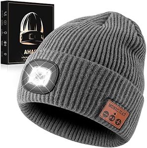 Bluetooth Beanie Hat with Light for Men, Rechargeable 4 Led Headlamp Cap Wireless Headphones, Unique Gifts for Men Dad Teen-Grey
