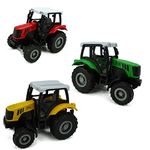 Pack of 3 - Die Cast Pull Back Tractor - Farm Toys - 1 Yellow, 1 Red, 1 Green Tractor