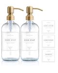 Vine Creations Clear Glass Soap Dispenser, 2 Pack Kitchen Soap Dispenser Set with Stainless Steel Pump, with Waterproof Labels (Brushed Brass)