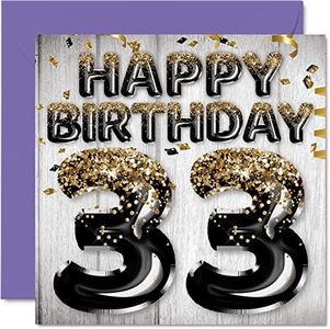 33rd Birthday Card for Men - Black & Gold Glitter Balloons - Happy Birthday Cards for 33 Year Old Man Friend Brother Dad Uncle, 145mm x 145mm Thirty-Three Thirty-Third Bday Greeting Cards Gift