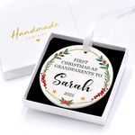 First Christmas as Grandparents Tree Decoration Bauble, Holly Wreath Design, Gifts For Grandparent, New Grandchild Ceramic Ornament, With Gift Box