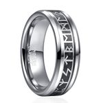 GALANI 8mm Mens Ring Silver Tungsten Ring with Viking Rune and Wood Inlay Men's Viking Ring Promise Wedding Band Couple Rings for Men Women Daily Wear Jewelry Ring Beveled Edge Comfort Fit Size X1/2