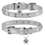 DILLYBUD Leather Cat Collars for Boy Girl Cats with Bell and Safety Elastic Belt, Personalized Star and Moon Stud Adjustable Safe Buckle Collar for Kitty Small Big Cats Size 8-12 Inch, Silver Grey