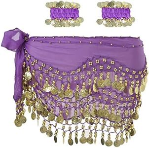 SamHeng Bufanda de Cadera de Danza del Vientre con Pulseras, Gasa de Danza del Vientre Bufanda de Baile Cadena de cinturón con Monedas de Oro para Disfraz de Rendimiento