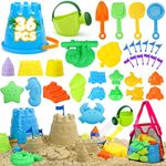 TOY Life 36 Pcs Beach Toys Sand Toys Toddlers with Castle Bucket Shovels & Sand Castle Building Kit Molds, Sandbox Toy Travel, Beach Party, Fishing, Summer Toy Activities
