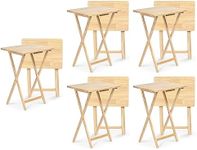PJ Wood Rectangular Folding Portable TV Snack Serving Tray Table, Solid Wood Construction with Natural Finish (10-Piece Set)