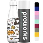 Proworks Performance Stainless Steel Sports Water Bottle | Double Insulated Vacuum Flask for 12 Hours Hot & 24 Hours Cold Drinks For Home, Work, Gym & Travel - BPA Free - 500ml - All White - Cat Party