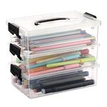 BTSKY 3-Tier Plastic Stationary Storage Box Stackable Clear Pencil Case Box with Black Lid Buckle Handle, Multifunctional Art Craft Storage Container 3 Layers Drawer Organizer for Office Home Supplies