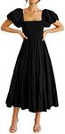 PRETTYGARDEN Women's Casual Summer Midi Dress Puffy Short Sleeve Square Neck Smocked Tiered Ruffle Dresses, Black, Large