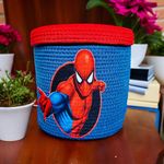 DOLCE CASA Kids Lid Basket With Beautiful Characters - Rope Storage Basket For Baby Diaper, Stuffed Animal Storage Bin Rope Basket For Kids Toy, Baby Laundry Baskets with Lid. (Spiderr)