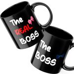 Poorak The Real Boss Couple Gifts for Wedding and Marriage Anniversary- 2 Coffee Mug - 330 ml Each Tea Cup - Ceramic - Black