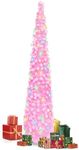 5 FT Pencil Christmas Tree with LED Lights, Collapsible Artificial Sequin Pop Up Christmas Tree for Home Apartment Basement Fireplace (Pink)