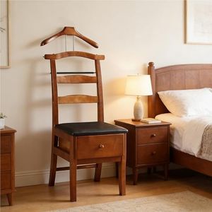 SJVKIGHU Brown Chair Valet With Drawer,Wooden Suit Valet Stand With Contour Hanger&Trouser Bar-Freestanding Organizer For Men & Women’s Clothes,Watches&Keys|Ideal For Office,Bedroom & Closet