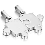 Cupimatch Puzzle Matching Pendant Couple Necklace Set 2 Pieces Black Stainless Steel 18" & 22" Chain (Silver)