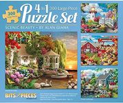 Bits and Pieces - 300 Piece Jigsaw Puzzle for Adults 16" x 20" - Scenic Beauty 4-in-1 Multi-Pack - 300 pc Nature Cabin Flower Animal Lake Light House Barn Bird Season Jigsaw by Artist Alan Giana