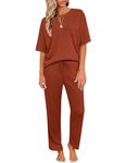 JiniGolla Waffle Knit Pajamas for Women 2 Piece Short Sleeve Pj Set Matching Outfit Set Caramel M