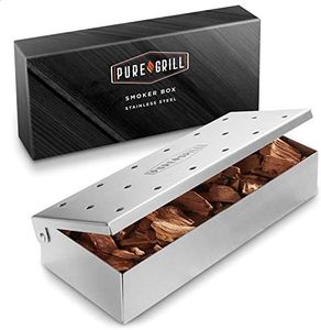 Pure Grill BBQ Smoker Box - Heavy Duty Stainless Steel with Hinged Lid for Wood Chips - Barbecue Meat Smoking for Charcoal and Gas Grills