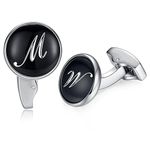 HONEY BEAR Initial Alphabet Letter Cufflinks for Men, Black Round Shape Stainless Steel Wedding Business Cufflinks A - Z (M)