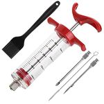 Meat Injector Syringe - Stainless Steel Food Seasoning Syringe Kit with 1pc Barbecue Brush, 2pcs Needles and 1pc Needles Cleaner, Great for BBQ, Grilling, Baking and Cooking