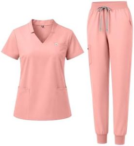 Eadflie Scrubs for Women Set- V-neck Slit Top & Tapered Jogger Pants, 8-Pocket Stretch Uniforms for Nurses & Healthcare Professionals- [Pink/2XL]