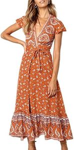 Women’s Summer Wrap V Neck Bohemian Floral Print Ruffle Swing A Line Beach Mini Dress