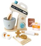 PairPear Play Food Stand Mixer, Wooden Toys Bake Cookies Playset, Multi-Function Play Kitchen Accessories for Kids Ages 3+