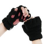 Cute Cat Paw Gloves Faux Fur Plush Winter Fingerless Gloves Mittens Lion Claw Halloween Cosplay Costumes for Women Girls, Black, One Size