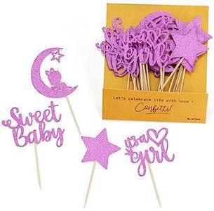 Confetti! 24 PCS Baby Shower Girl Cupcake Toppers with Moon Glitter Star Sweet Baby Girl Cupcake toppers Girl Birthday Party Cake Decorations Supplies Pink/Light Purple - Sweet Baby Girl