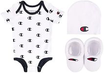 Champion unisex-baby 3-pc Box Set Includes an Infant Body Suit, a Bib Or Hat & Pair of Booties in Colors and Size 0-6m, All Over "C"-white 100, 0-6 Months