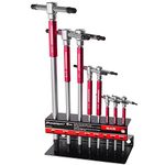 Powerbuilt 8 Pc SAE T-Handle Hex Allen Key Wrench Set w/Speed Sleeves for Fast Spinning Action, Sliding Top Handle for “T” or “L” Shape, Long Shafts, Storage Rack, Auto, Bicycle, Moto - 941644, Red