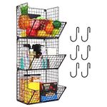 HLTOP 3 Tier Hanging Fruit Baskets,Vegetable Kitchen Storage Baskets with Adjustable Chalkboards and S-Hooks,Metal Wire Wall-Mounted Storage Bins,Home Premium Organizer,Save Space(Black)