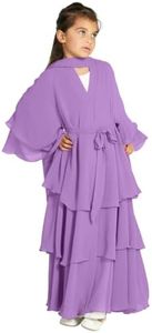 Muslim Chiffon Abaya for Girls Open Front Cardigan Modest Dress Middle East Arabian Robe Islamic Long Dress Abaya For Girls Muslin Prayer Church Eid Ramadan Tight Knot Dress Purple 11-12 Years