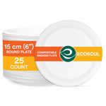 ECO SOUL [6 inch, 25 Pack] Disposable Bagasse Plates | Eco-friendly, Biodegradable, Sugarcane Paper Plates | For Serving Snacks & Dinner | Birthday, Wedding & Party | Round, White