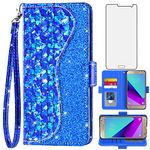 Asuwish Phone Case for Samsung Galaxy Grand Prime J2 Prime Wallet Cover with Tempered Glass Screen Protector and Wrist Strap Flip Card Holder Bling Glitter Cell Glaxay 2 2J Plus Women Girls Blue