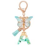 MWOOT Initial Letter Keychain Key Ring,Capital Alphabet Gold Foil Resin Keyring Charm with Butterfly Tassel Pendant,Fashion Green Key Chain for Women Girl Adult Gift Bag Handbag Decors(A)