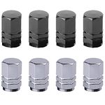 8 Pcs Aluminum Tire Valve Stem Caps Metal Car Dust Caps for Car Tyres Universal Tyre Valve Caps Car Caps with Gasket for Motorbike, Trucks, Bike, Electric Scooter, SUV, Baby Buggies (black, grey)