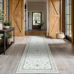 Hazo Haus Oushak 3x16 Wide Hallway Runner Rug - Vintage Turkish Floral, Washable Low Pile Non Slip 16ft Extra Long Runners for Large Kitchen, Hall Way - Light Blue and Green Décor