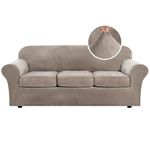 H.VERSAILTEX Modern Velvet Plush 4 Piece High Stretch Sofa Slipcover Strap Sofa Cover Furniture Protector Form Fit Luxury Thick Velvet Sofa Cover for 3 Cushion Couch, Machine Washable(Sofa,Taupe)