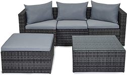 EVRE Malaga Grey Rattan Garden Outdoor Furniture Wicker Set 4 Seat Corner Sofa Couch Footstool Glass Top Table with Cushions for Patios Conservatories Gardens with Weatherproof Cover