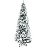 Happygrill 8FT Slim Pencil Tree Hinged Artificial Christmas Tree with 807 Branches Tips Folding Metal Stand White Berries & Flowers Snow Flocked Christmas Tree for Home Office Party School