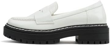 Soda “Eureka” ~ Women Slip On Platform Penny Loafer Lug Sole with Stitched Detail, White Patent, 7.5 US