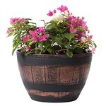 Brown Outdoor Rustic Half Barrel Flower Garden Planter Bowl, Plastic, Large