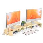 Rathsyme Dual Monitor Stand Riser Wood Computer Laptop Stand for 2 Monitors with Cable Management, 3 Shelf Adjustable Length and Angle, Desktop Organizer, Oak