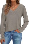 AUTOMET Long Sleeve T Shirts for Women Lace V Neck Casual Cute Tops Loose Fit Fall Winter Basic Clothing, Khaki, L