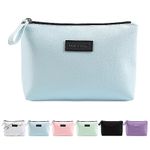 Small Makeup Bag MAANGE Small Travel Cosmetic Bag Portable Makeup Pouch Waterproof PU Leather Makeup Bag with Handle Cute Versatile Zipper Pouch for Women (Blue)